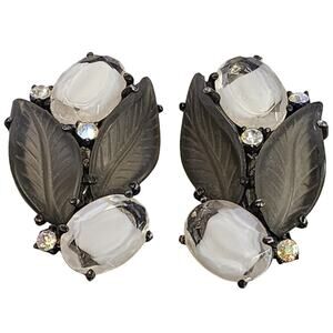 Schiaparelli 1950's Frosted Glass & Rhinestone Large Clip-back Earrings